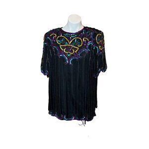 Vintage 80’s black silk sequin and bead evening blouse